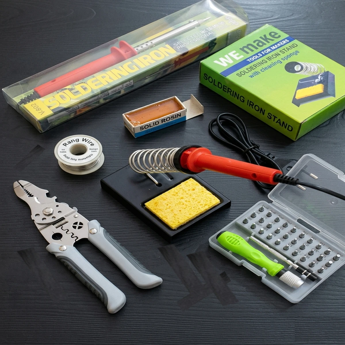 Combo Set 6 in 1  Cable Cutter Pliers , Soldering Iron, 32 in1 Screwdriver Set, Solid Rosin, Rang Wire,  Soldering Iron Stand