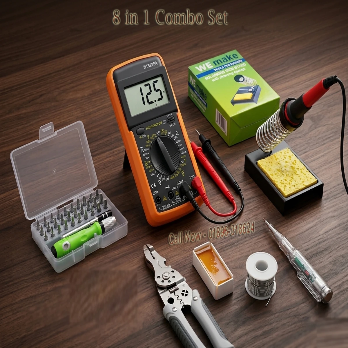 Combo Set : 8 in 1 = DIGITAL MULTIMETER, Cable Cutter Pliers , Soldering Iron, 32 in1 Screwdriver Set, Solid Rosin, Rang Wire, Soldering Iron Stand, Ac/Dc Tester .