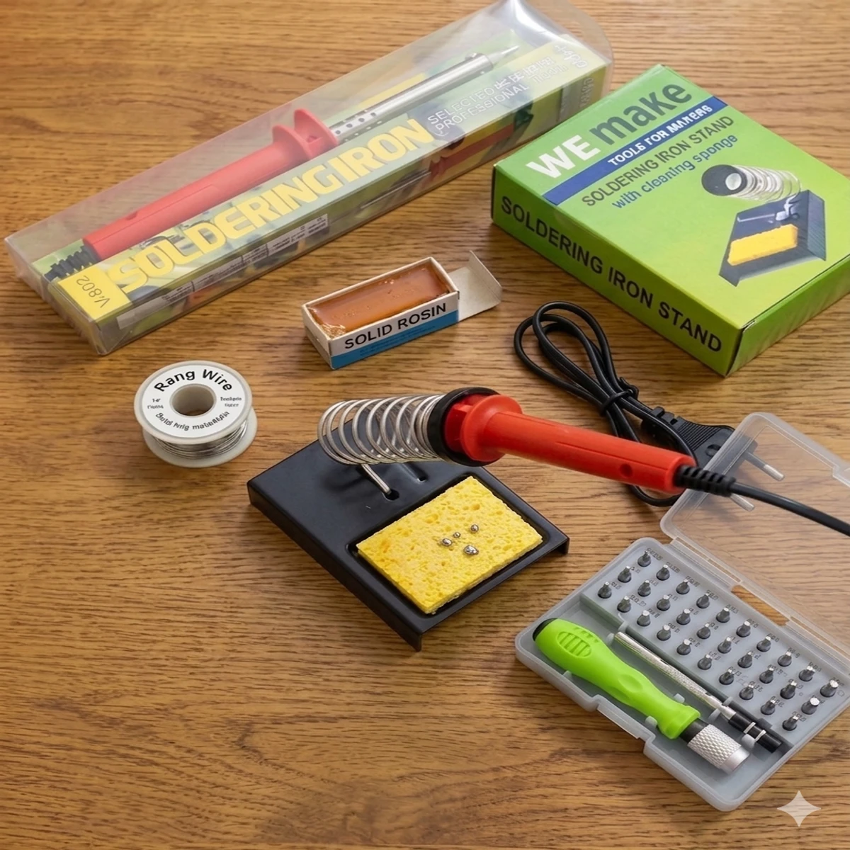 Combo Set 5 in 1 = Soldering Iron, 32 in1 Screwdriver Set, Solid Rosin, Rang Wire, Soldering Iron Stand