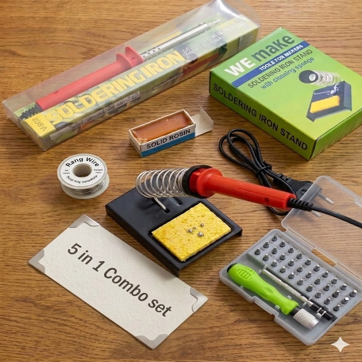 Combo Set 5 in 1 = Soldering Iron, 32 in1 Screwdriver Set, Solid Rosin, Rang Wire, Soldering Iron Stand