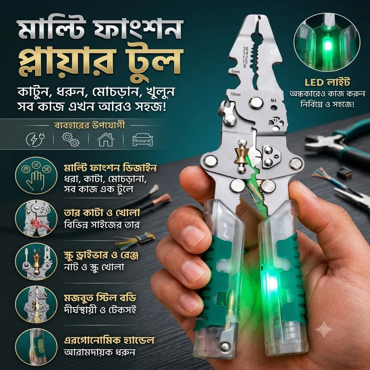 মাল্টি-ফাংশন LED লাইনসম্যান প্লায়ার and Screwdriver