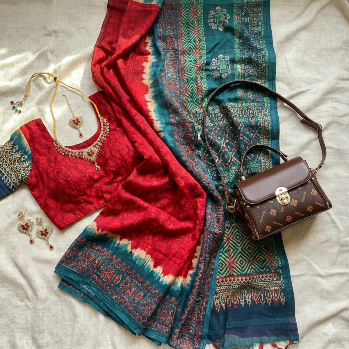 Combo set = শfড়ি ,কানের দুল , নেকলেস ও আকর্ষনীয়  ভ্যানিটি ব্যাগের