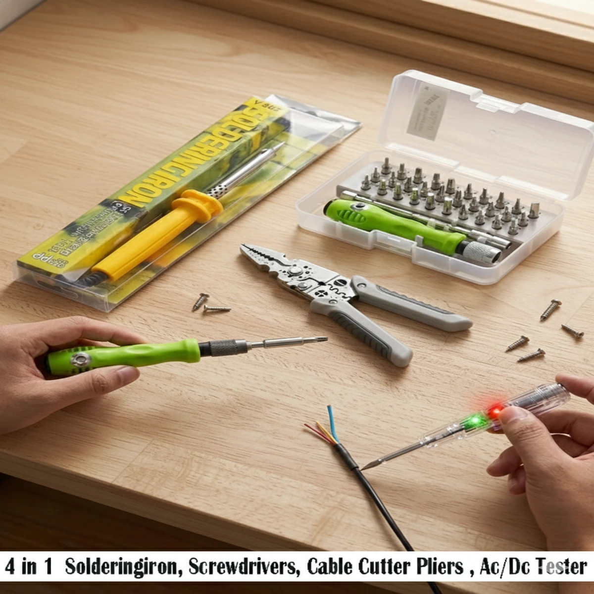 4 in 1  Solderingiron, Screwdrivers, Cable Cutter Pliers , Ac/Dc Tester