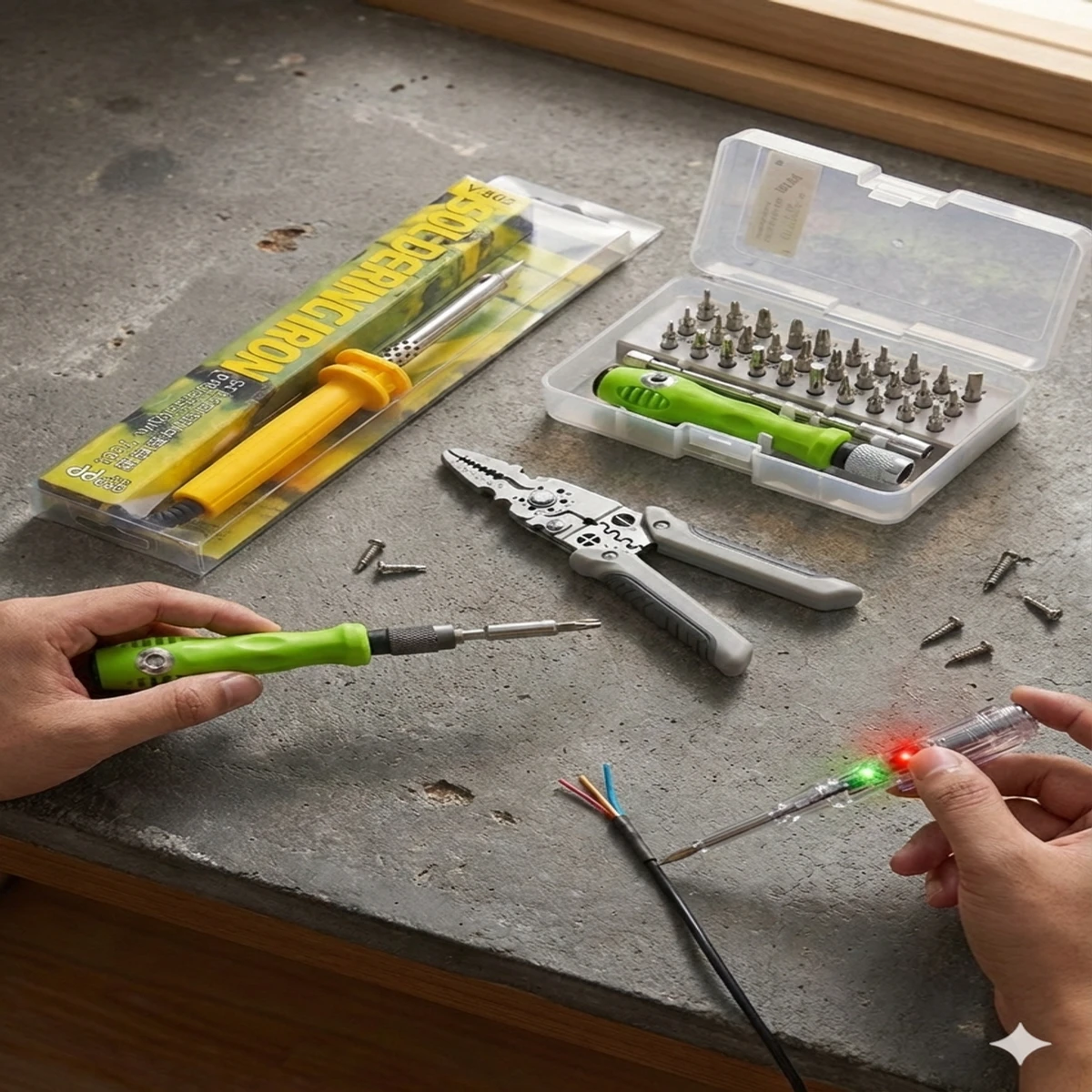 4 in 1  Solderingiron, Screwdrivers, Cable Cutter Pliers , Ac/Dc Tester