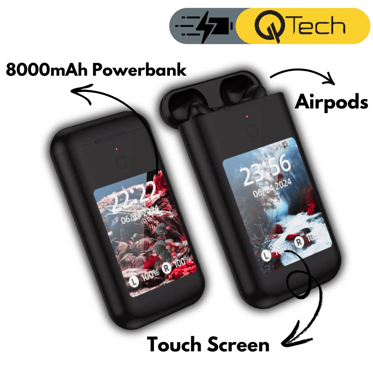 TF20 Box Airpods and 8000 Mah Power bank premium Quality - ( Black Color )