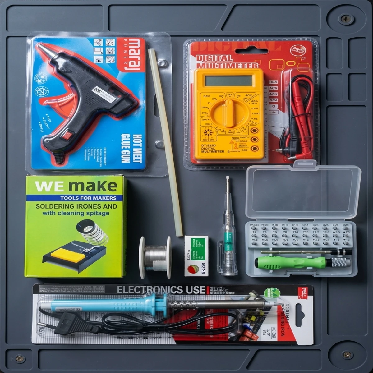 Combo Set : 9 in 1 =  DIGITAL MULTIMETER, Soldering Iron, Soldering Iron Stand, Glue Gun, Glue, 32 in1 Screwdriver Set, Solid Rosin, Rang Wire, Ac/Dc Tester