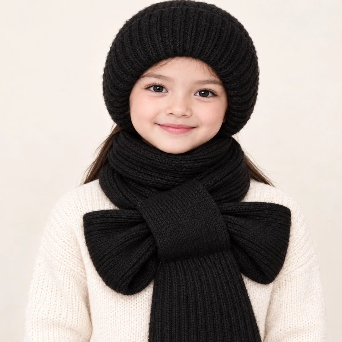 ১-১২ বছরের বাচ্চাদের Winter Cap With Scarf (Black Colour)