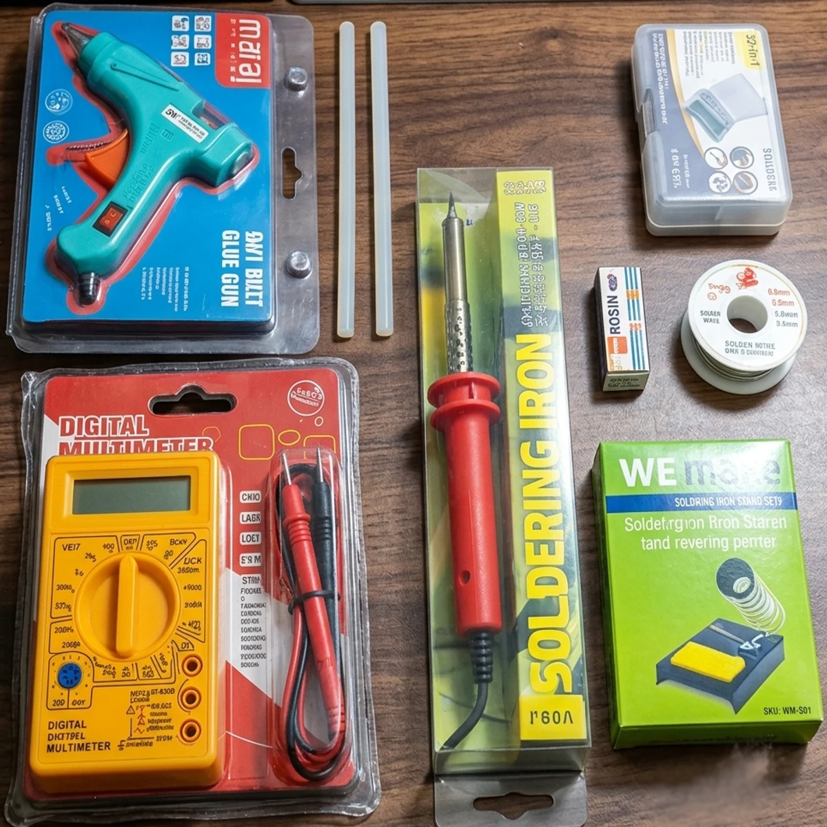 Combo Set : 8 in 1 = DIGITAL MULTIMETER, Soldering Iron, Soldering Iron Stand, Glue Gun, Glue, 32 in1 Screwdriver Set, Solid Rosin, Rang Wire,