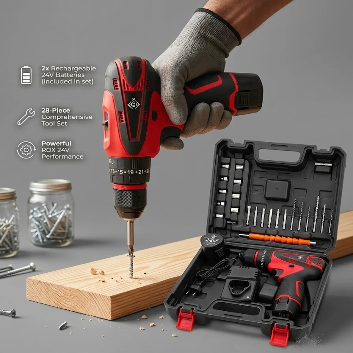 Double Battery Rechargeable ROX 24V Cordless Drill Machine and 28 pcs tools Set