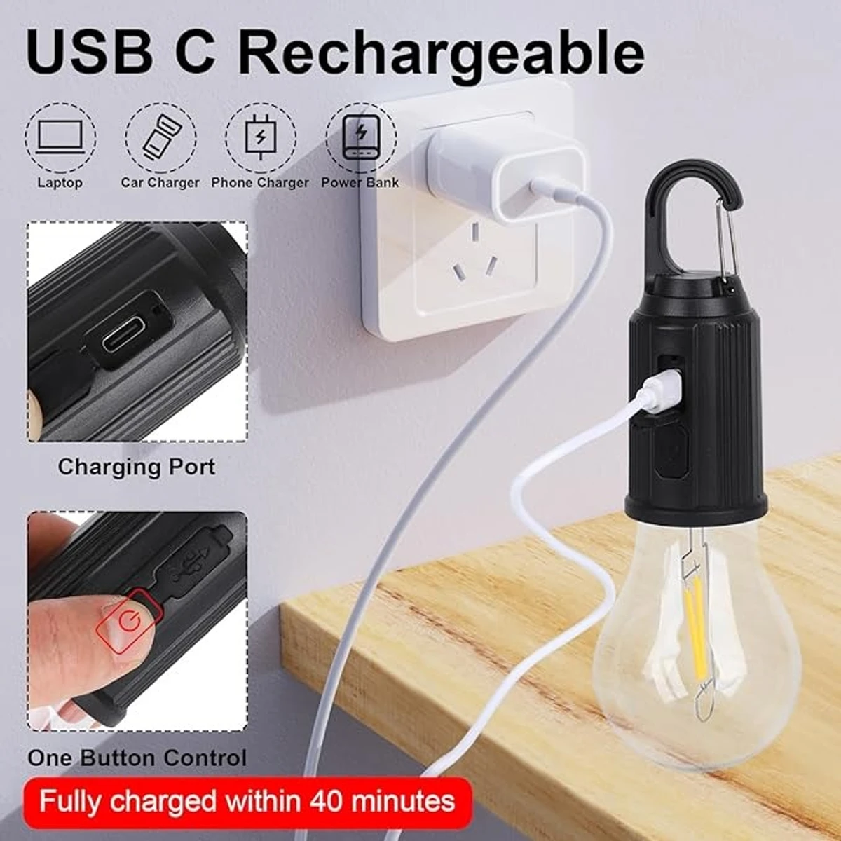 Camping Lamp Type C Charging Retro Bulb Light - ( 2pce )