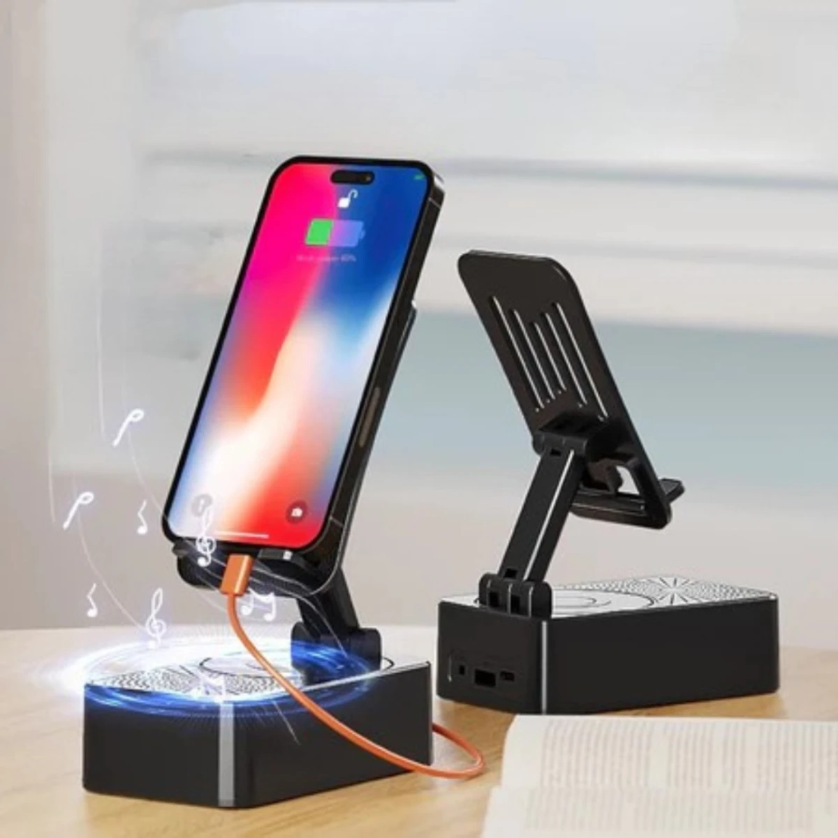 Multifunctional 3-in-1 Mobile Stand with Bluetooth Speaker & Power Bank | Rotating & Foldable Holder