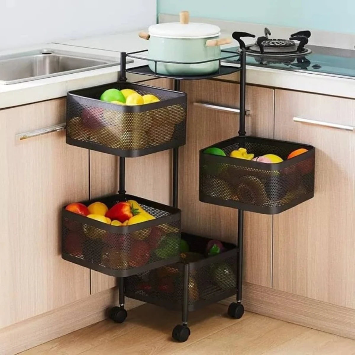 4 Layer (Square) Full Metal Fruit/Vegetable Rack with Wheels