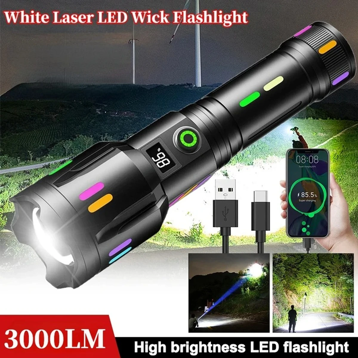 LED Rechargeable Flashlight Tactical Torch WITH POWER BANK ( 9800 mah )