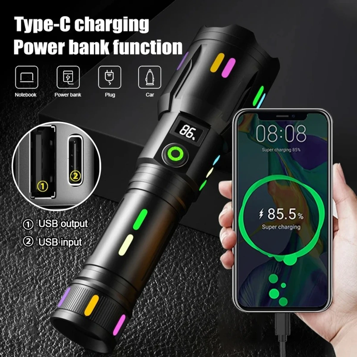 LED Rechargeable Flashlight Tactical Torch WITH POWER BANK ( 9800 mah )
